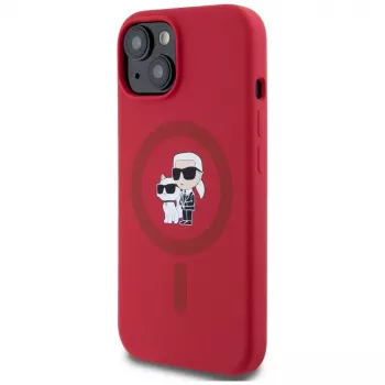 KARL LAGERFELD szilikon tok iPhone 15 készülékhez MagSafe-del és gyűrűs tartóval - Karl & Choupette Heads - piros