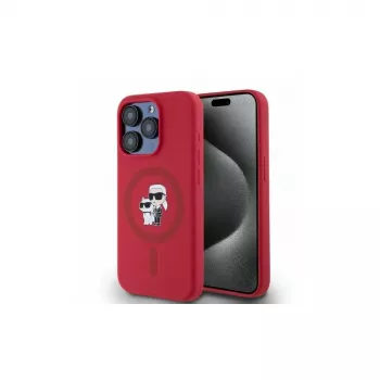 Karl Lagerfeld KLHMP15LSCMKCRHR iPhone 15 Pro 6.1 piros szilikon tok Karl & Choupette fejek gyűrű MagSafe