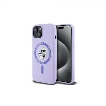 Karl Lagerfeld KLHMP15SSCMKCRHU iPhone 15 6,1 inch lila szilikon merev tok Karl & Choupette fejek gyűrűvel és MagSafe-del