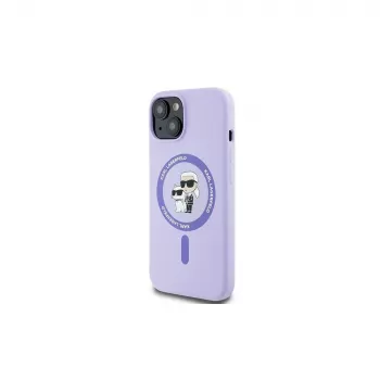 Karl Lagerfeld KLHMP15SSCMKCRHU iPhone 15 6,1 inch lila szilikon merev tok Karl & Choupette fejek gyűrűvel és MagSafe-del