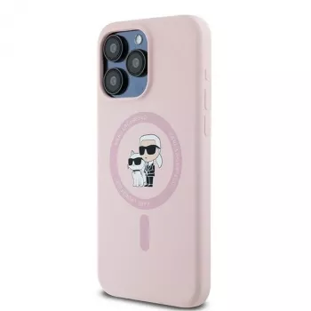 Karl Lagerfeld KLHMP15XSCMKCRHP iPhone 15 Pro Max 6,7 inch rózsaszín szilikon merev tok Karl & Choupette gyűrűvel és MagSafe-del