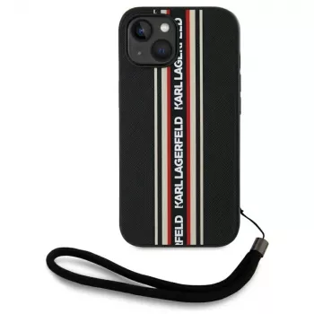 KARL LAGERFELD Saffiano Athleisure Stripes Cord tok iPhone 15 készülékhez, fekete-piros