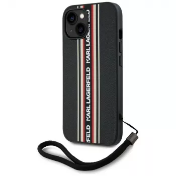 KARL LAGERFELD Saffiano Athleisure Stripes Cord tok iPhone 15 készülékhez, fekete-piros