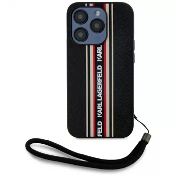 KARL LAGERFELD Saffiano Athleisure Stripes Cord tok iPhone 15 Pro készülékhez, fekete/piros