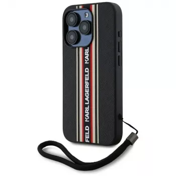 KARL LAGERFELD Saffiano Athleisure Stripes Cord tok iPhone 15 Pro készülékhez, fekete/piros