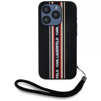 KARL LAGERFELD Saffiano AthleisureStripes Cord tok iPhone 15 Pro Max készülékhez, fekete/piros
