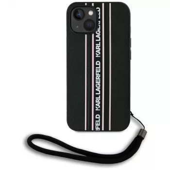 Karl Lagerfeld Saffiano Athleisure Stripes Cord tok iPhone 15 készülékhez, fekete-rózsaszín