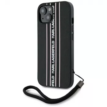 Karl Lagerfeld Saffiano Athleisure Stripes Cord tok iPhone 15 készülékhez, fekete-rózsaszín
