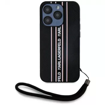 KARL LAGERFELD Saffiano Athleisure Stripes Cord tok iPhone 15 Pro készülékhez, fekete/rózsaszín
