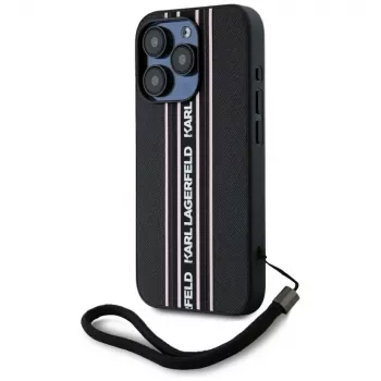 KARL LAGERFELD Saffiano Athleisure Stripes Cord tok iPhone 15 Pro készülékhez, fekete/rózsaszín