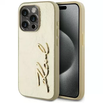 KARL LAGERFELD Wrinkled Metal Signature tok iPhone 15 Pro-hoz - arany