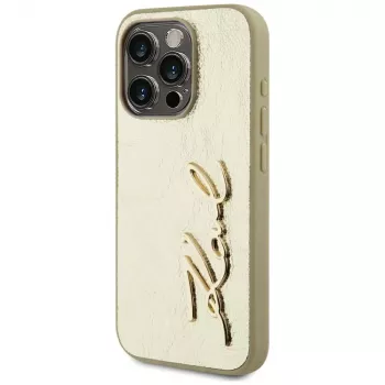 KARL LAGERFELD Wrinkled Metal Signature tok iPhone 15 Pro-hoz - arany