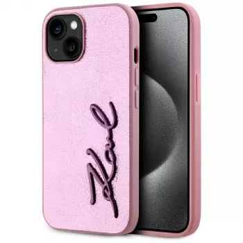KARL LAGERFELD Wrinkled Metal Signature hátlap Apple iPhone 15-höz, rózsaszín