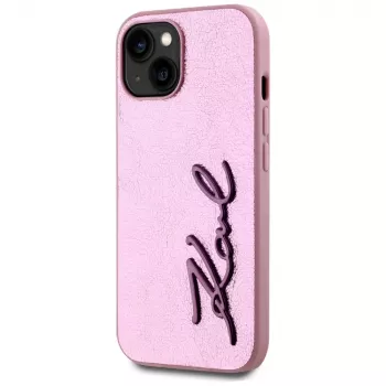 KARL LAGERFELD Wrinkled Metal Signature hátlap Apple iPhone 15-höz, rózsaszín