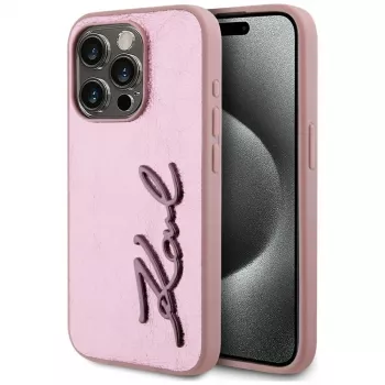 Karl Lagerfeld Wrinkled Metal Signature tok iPhone 15 Pro-hoz, rózsaszín