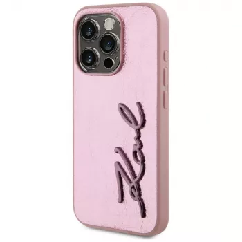 Karl Lagerfeld Wrinkled Metal Signature tok iPhone 15 Pro-hoz, rózsaszín