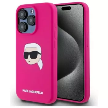 Karl Lagerfeld iPhone 15 Pro 6,1 inch szilikon Hardcase Karl-fej nyomattal, MagSafe - fuchsia
