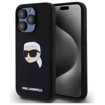 Karl Lagerfeld KLHMP15LSKHPPLK iPhone 15 Pro 6,1 fekete szilikon kemény tok Karl-fej nyomattal, MagSafe