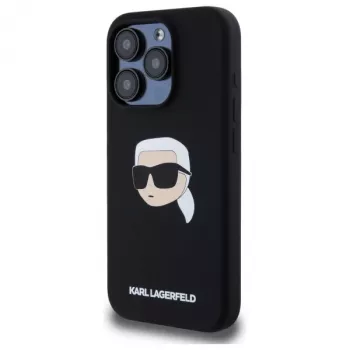 Karl Lagerfeld KLHMP15LSKHPPLK iPhone 15 Pro 6,1 fekete szilikon kemény tok Karl-fej nyomattal, MagSafe
