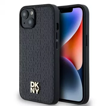 DKNY DKHMP14SPSHRPSK keménytok bőr monogrammintás fém logó MagSafe iPhone 13/14/15, fekete