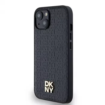 DKNY DKHMP14SPSHRPSK keménytok bőr monogrammintás fém logó MagSafe iPhone 13/14/15, fekete