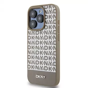 DKNY DKHMP15LPSOSPW iPhone 15 Pro 6,1 inch keménytok bőr nyomott mintás barna fém logóval MagSafe