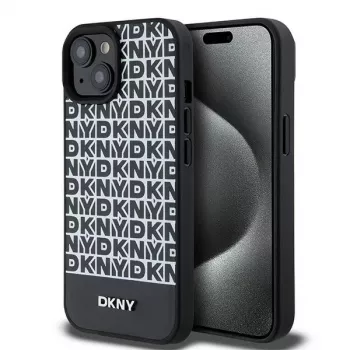 DKNY DKHMP15SPSOSPK kemény tok Apple iPhone 15 / 14 / 13 6,1 inch fekete bőr nyomott mintás fém logóval MagSafe