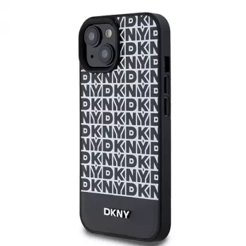 DKNY DKHMP15SPSOSPK kemény tok Apple iPhone 15 / 14 / 13 6,1 inch fekete bőr nyomott mintás fém logóval MagSafe