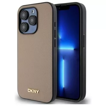 DKNY DKHMP15LPGHLME keménytok iPhone 15 Pro 6,1 inch bézs szemcsés fém logóval és MagSafe