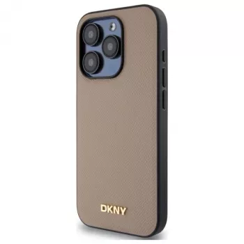 DKNY DKHMP15LPGHLME keménytok iPhone 15 Pro 6,1 inch bézs szemcsés fém logóval és MagSafe