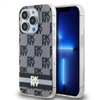 DKNY DKHMP15LHCPTSK kemény tok Apple iPhone 15 Pro 6,1 inch - fekete kockás mono minta és nyomtatott csíkok MagSafe