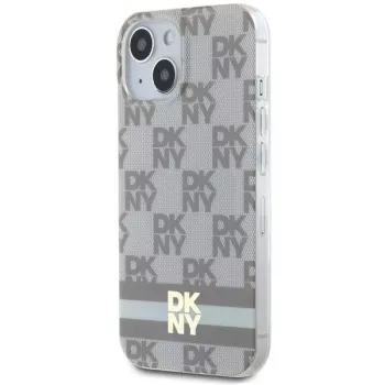 DKNY DKHMP15SHCPTSE kemény tok Apple iPhone 15 / 14 / 13 6,1 inch bézs kockás mono minta és nyomtatott csíkok MagSafe