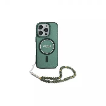 Guess IML Glitter With Pearl Strap MagSafe tok iPhone 16 Pro Max-hoz (zöld)