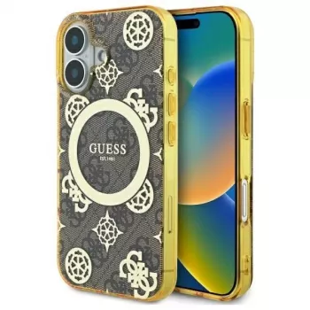 Guess GUHMP16SH4PYEEW kemény tok Apple iPhone 16 6,1 hüvelykhez, barna Peony On 4G Background MagSafe