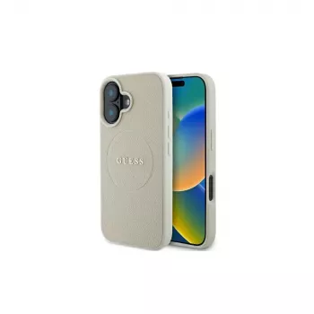 Guess GUHMP16SPGHSMME iPhone 16 bézs kemény tok Grained Ring MagSafe