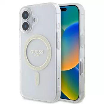 Guess GUHMP16SHFGERET iPhone 16 átlátszó kemény tok IML Glitter Circle MagSafe