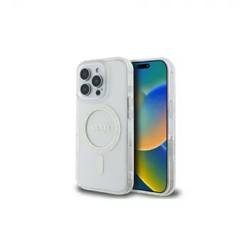 Guess GUHMP16LHFGERET iPhone 16 Pro 6,3 inch átlátszó kemény tok IML Glitter Circle MagSafe