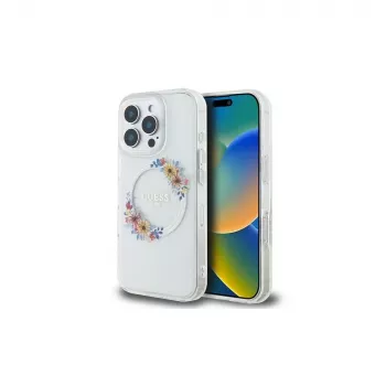 Guess GUHMP16LHFWFCT merev tok iPhone 16 Pro 6,3 inch átlátszó IML Flowers Wreath MagSafe