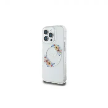 Guess GUHMP16LHFWFCT merev tok iPhone 16 Pro 6,3 inch átlátszó IML Flowers Wreath MagSafe