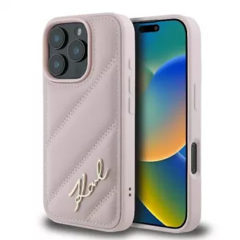 Karl Lagerfeld Quilted Signature tok iPhone 16 Pro – rózsaszín