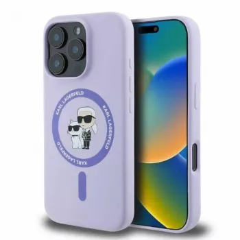 Karl Lagerfeld KLHMP16LSCMKCRHU iPhone 16 Pro 6,3 inch lila szilikon merev tok Karl & Choupette gyűrűvel MagSafe