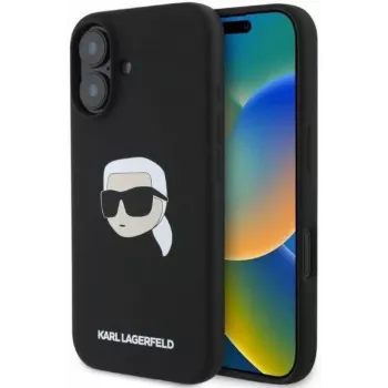 Karl Lagerfeld KLHMP16SSKHPPLK iPhone 16 6,1 fekete szilikon merev tok Karl Head Print-tel és MagSafe-del