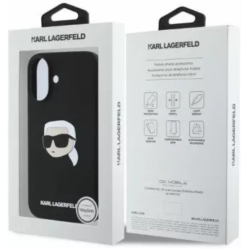 Karl Lagerfeld KLHMP16SSKHPPLK iPhone 16 6,1 fekete szilikon merev tok Karl Head Print-tel és MagSafe-del