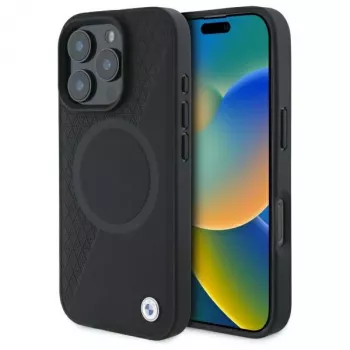 BMW Sign Leather Half Textured kemény tok Circle MagSafe-dzsel Apple iPhone 16 Pro Max 6,9 inch fekete