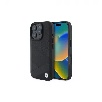 BMW Sign Leather Crossing Lines Pattern kemény tok Apple iPhone 16 Pro 6,3 inch fekete