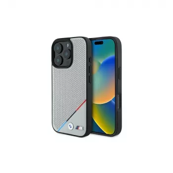 BMW M Perforated Tricolor Line kemény tok Apple iPhone 16 Pro 6,3 inch szürke MagSafe