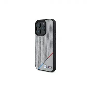 BMW M Perforated Tricolor Line kemény tok Apple iPhone 16 Pro 6,3 inch szürke MagSafe