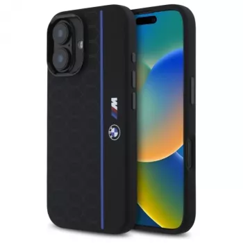 BMW BMHMP16S23SHEB iPhone 16 6,1 inch fekete szilikon kemény tok Hexagon Blue Line MagSafe