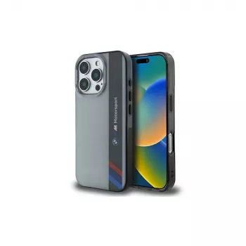 BMW Motorsport kemény tok Apple iPhone 16 Pro 6,3 inch szürke IML Vertical Stripe