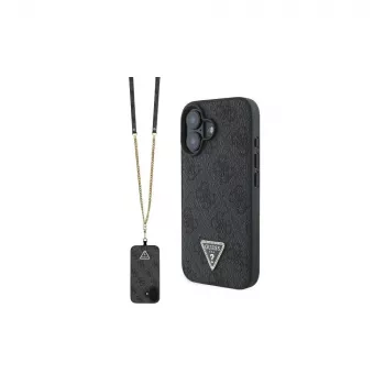 Guess GUHCP16SP4TDSCPK iPhone 16 keménytok bőr fém logó strassz crossbody fekete